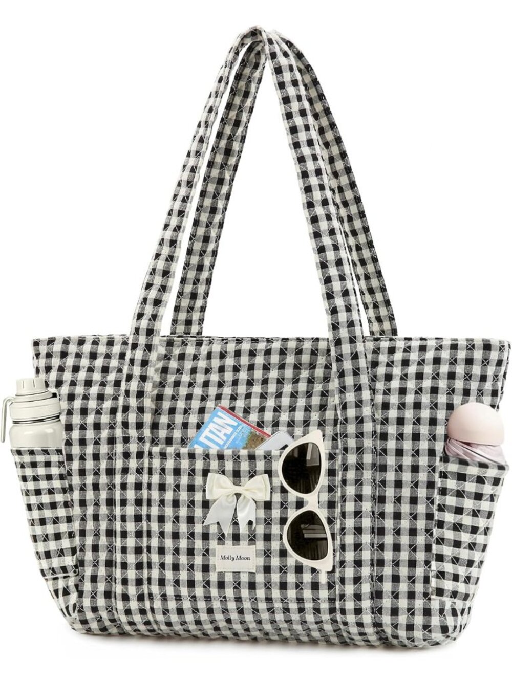 Floral Quilted Tote Bag with Zipper, Cute Bow Cotton Patchwork Shoulder Bag